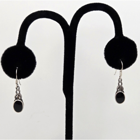 Vintage Sterling Silver Earrings Black Enamel Dangle Filigree Boho Dainty Twee - Picture 8 of 13